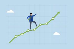 Profit growth, entrepreneur gesturing upwards with an increasing financial chart and graph. vector