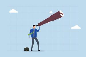 Economic forecast downturn, businessman gazes through a telescope at a declining red arrow graph ahead. vector