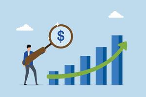 Revenue, businessman using a magnifying glass on a dollar symbol with an upward growth graph and chart. vector