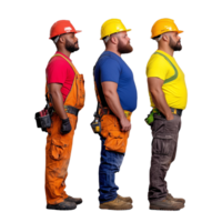 Construction workers in colorful uniforms standing in profile on transparent background png