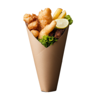 Crispy fried seafood and chips in a paper cone on transparent background png