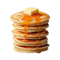 Stack of fluffy pancakes with melting butter and syrup on transparent background png