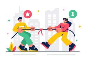 Tug of War Illustration with Teams Competing by Pulling a Rope in Flat Cartoon Style Background vector