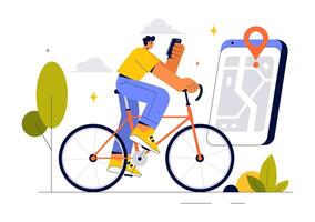 Smart Cycling Illustration Featuring GPS Navigation and Fitness Tracking App in a Flat Style Design vector