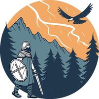Fantasy Warrior Art, Noble Scene-Bold depiction of a knight in armor, surrounded by a forest with a dynamic eagle soaring into an orange-lit sky. vector