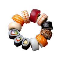 Assorted sushi rolls forming a circle on transparent background png