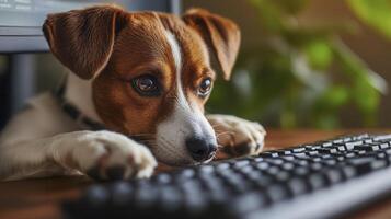 Curious dog intently gazes at computer keyboard while perched on a desk in a cozy indoor setting during daylight photo