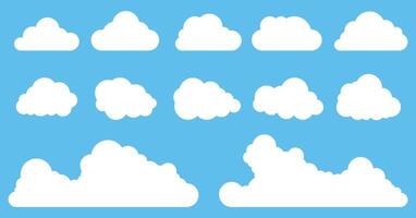 Simple cloudy shapes. Set of flat cloud, fluffy and cumulus clouds in blue sky vector
