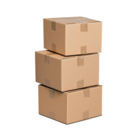 Stack of three cardboard boxes for shipping on transparent background png