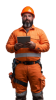 Construction worker using tablet for site management on transparent background png