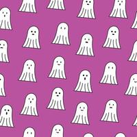 Ghost doodle seamless pattern background with different face expressions, smile, sad, disappointed, happy, laughing, surprised. Purple background vector