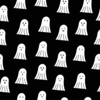 cute white ghost doodle seamless pattern background with different face expressions, smile, sad, disappointed, happy, laughing, surprised. Black background vector