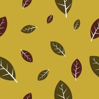 A seamless pattern featuring scattered leaves in earthy brown and green tones with white veins on a mustard-yellow background. Ideal for nature-inspired or autumn-themed designs vector