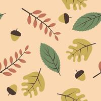 A seamless autumn pattern with acorns, green and mustard leaves, and peachy branches on a soft beige background. Ideal for cozy fabric designs, seasonal decor, and wrapping paper vector