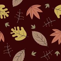 A seamless autumn pattern featuring various fall leaves in earthy tones like mustard, brown, and orange on a deep maroon background. Perfect for seasonal fabrics and decorative designs vector