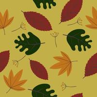 A seamless autumn pattern with vibrant leaves and berries in earthy reds, greens, and oranges on a mustard yellow background. Perfect for fabric, seasonal decor, and creative projects vector