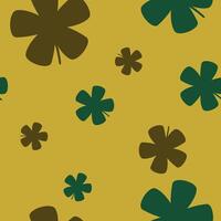 A seamless pattern featuring dark green and brown clovers on a mustard yellow background. Ideal for nature-themed designs, St. Patrick's Day, or rustic aesthetics vector