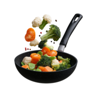Fresh vegetables tossed in frying pan on transparent background png