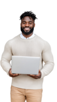 Smiling man holding laptop in casual attire on transparent background png