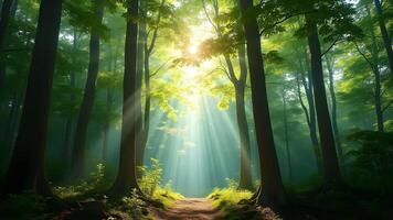 Sunbeams filter through the trees in a forest photo