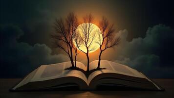 Moonlit Fantasy, Trees Emerging from an Open Book photo