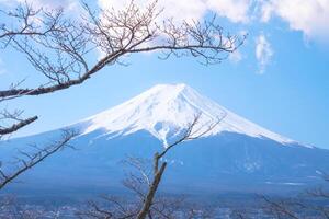 Mountain Fuji of snow on top in japan with blue sky and clouds view background photo