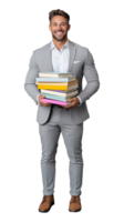 Professional Man Holding Stack of Books on Transparent Background png