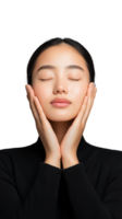 Serene woman with closed eyes and hands on face png