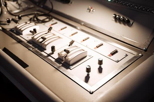 Wooden control panel with buttons and knobs for electronic musical instruments photo