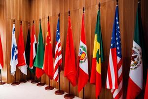 Row of flags displayed on a wooden wall for a vibrant visual arts event photo