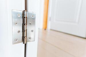 Closeup of a stainless steel door hinge on a white door photo