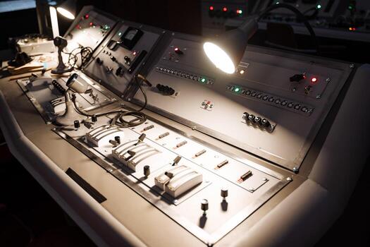 Control panel with numerous buttons and lights for vehicle or machine use photo