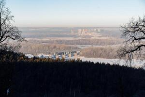 City seen from hill with trees and freezing sky in natural landscape photo