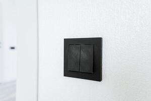 A black light switch is mounted on a white wall in a room with a television set photo