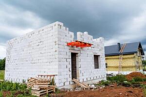 A new house is currently being constructed using white bricks photo