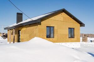 A house covered in snow with a sign on it photo