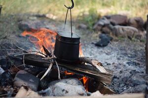 A pot of water boils over a fire in a natural landscape photo