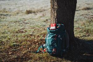 A tourist backpack is under a tree, a first aid kit, equipment for hiking in the forest. Trekking in the mountains. photo