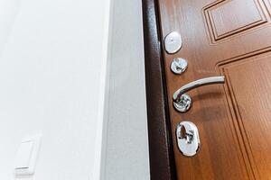 Front door with locks, metal handle, chrome door elements, closed door to the apartment. photo