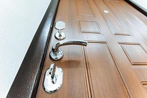 The front door to the house from the street, the locks that lock the door to the apartment, the chrome coating of the door handle. photo