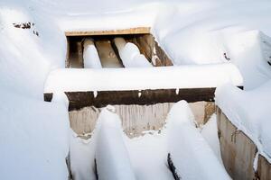 Repair of the pipeline in winter, frozen pipes lie under a layer of snow, a concrete trench of the city heating networks. photo