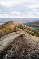 Mountain road on top of hill, hiking trail on mountain, autumn landscape, trekking in the mountains, hilly terrain. photo