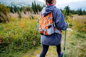 A girl with a backpack walks through the mountains, walking with trekking poles, a sports backpack, a woman is a hiker in the mountains. photo