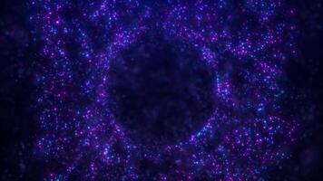 Abstract glowing sphere, energy ball shines brightly with rays of light, magic waves from particles and dots, abstract atomic science background video