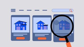 2d animation concept of searching for property to buy, checking houses to buy, choosing property video