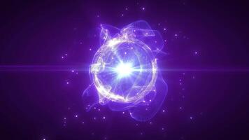 Abstract glowing sphere, energy ball shines brightly with rays of light, magic waves from particles and dots, abstract atomic science background video