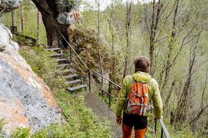 A tourist on a hike with a backpack walks along the trail, a view from behind a person on the way in nature, the national park of the eco-trail, an orange bag for things, equipment for a hike photo