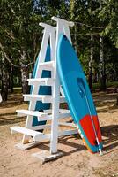 Surfboards are installed on the beach with white sand and birches. Sunny and great day to relax on the beach photo