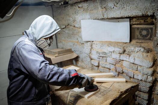 A joiner polishes the board. The process of processing boards in the carpentry workshop. Crafting. photo