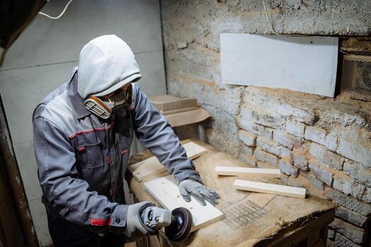 The carpenter processes a bar of wood. Surface grinding. Work as a carpenter in the workshop. photo